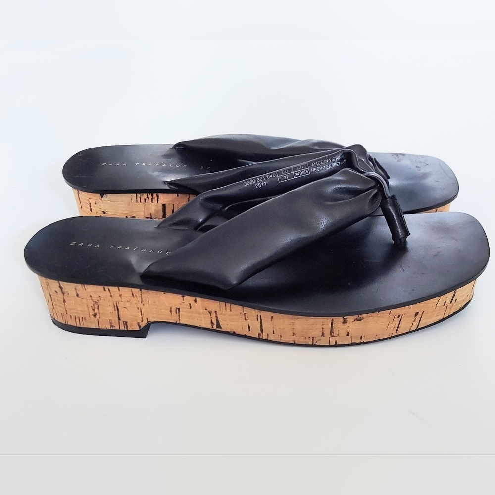 Zara Open Thong Sandal Clogs Cork Sole Black Shoes Size 37 - Picture 4 of 6